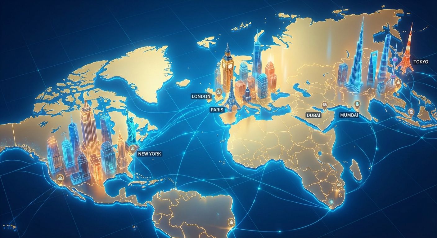 Infographic-style world map with skylines and markers representing the largest cities, highlighting population hotspots and iconic landmarks.