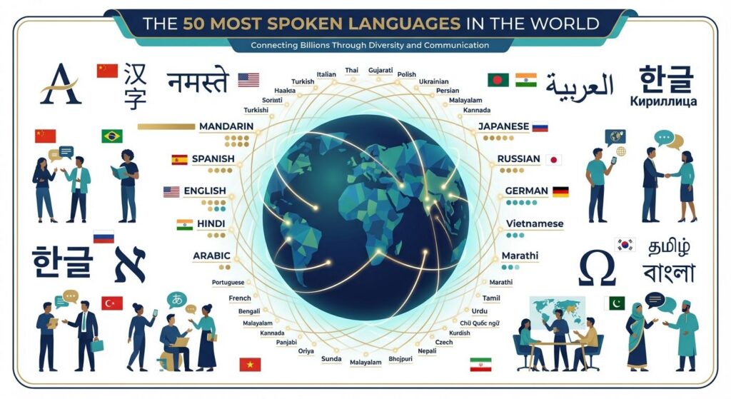Illustration of a globe surrounded by language scripts and icons representing the world's most spoken languages.