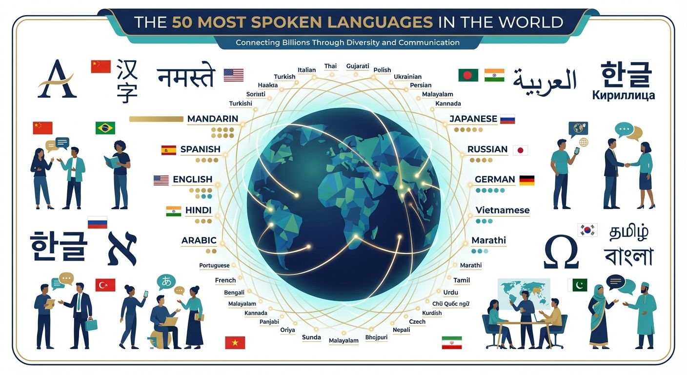 Illustration of a globe surrounded by language scripts and icons representing the world's most spoken languages.