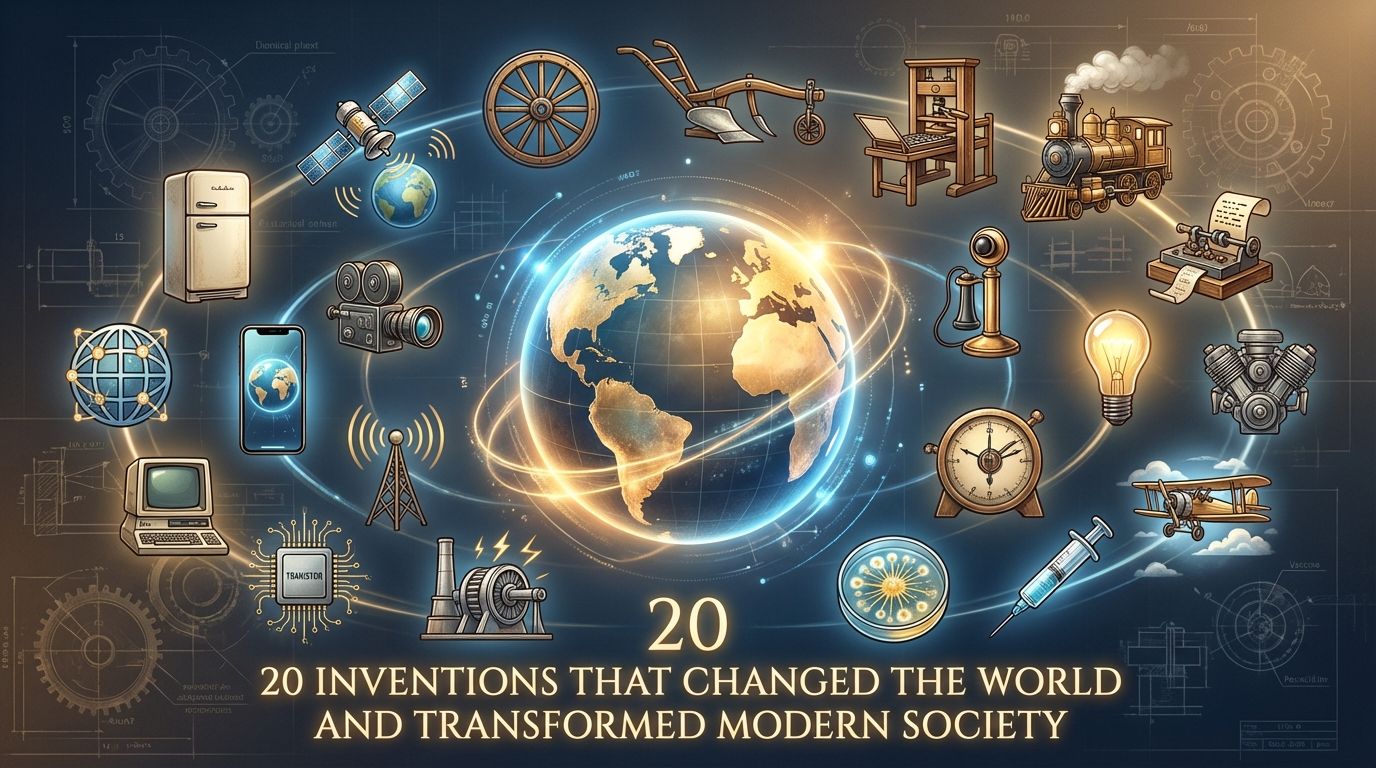 Collage showing a glowing globe surrounded by icons of 20 key inventions—wheel, printing press, steam engine, transistor, internet, smartphone—set against blueprint-style background.