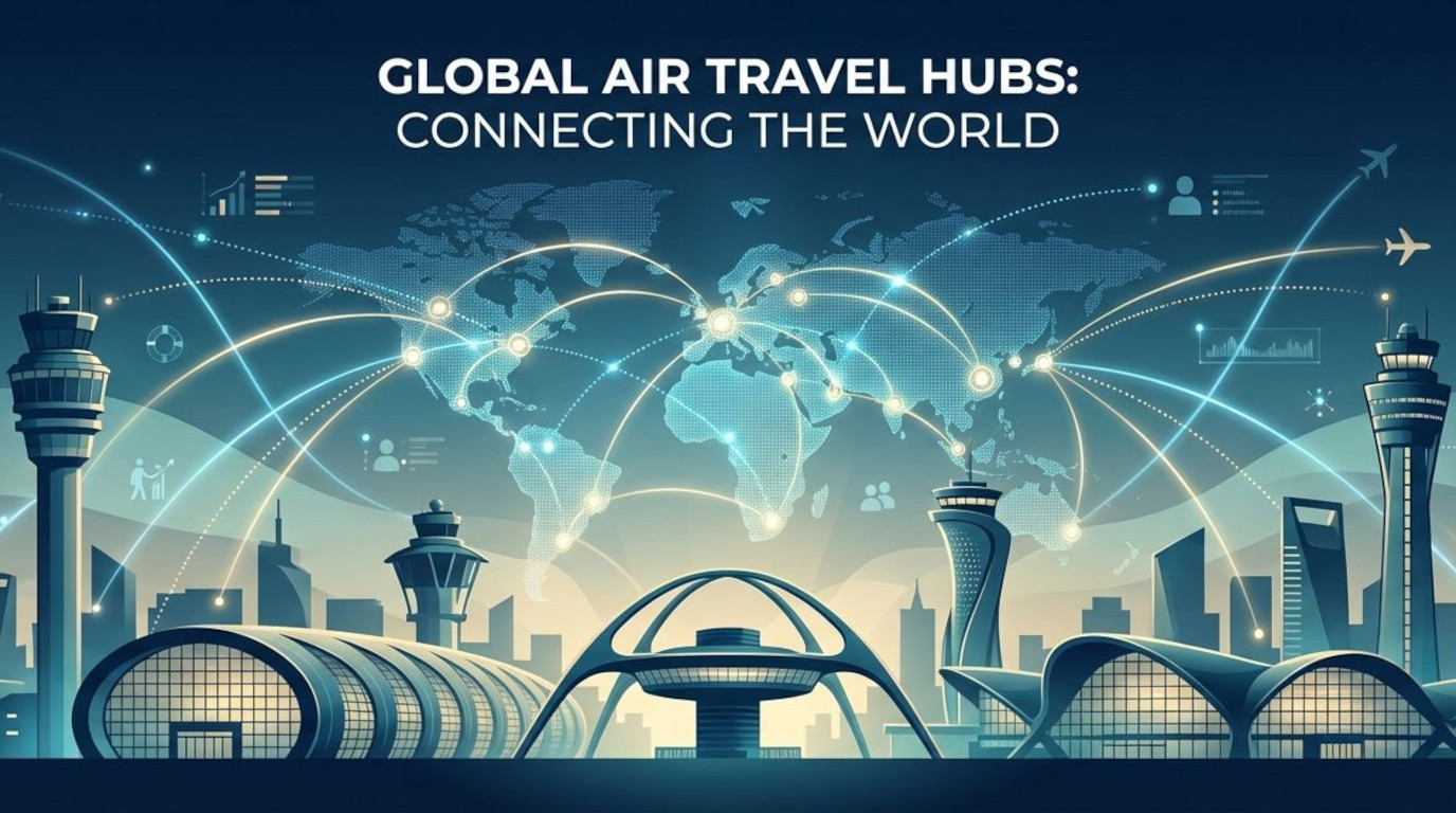 Infographic-style panoramic view of major global airport hubs connected by illuminated flight routes, showing iconic terminals and airplanes to represent the world’s busiest airports.