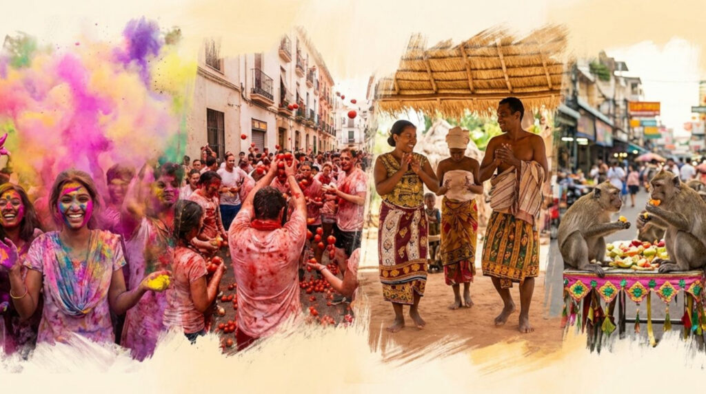 Collage illustration of global unusual cultural traditions, including Holi powders, La Tomatina, Famadihana dancing with ancestors, Lopburi monkey feast, and a torch procession, showing diverse cultural expressions.