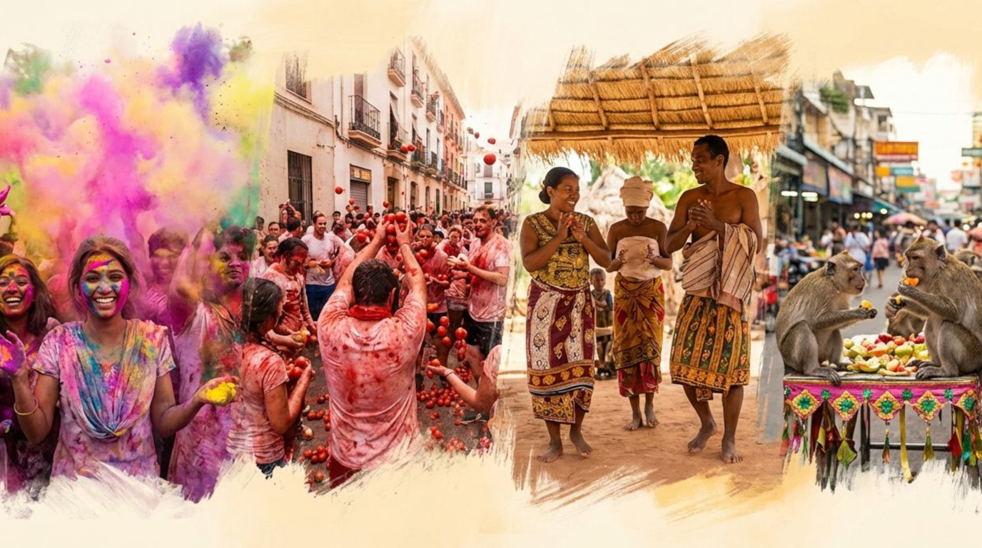 Collage illustration of global unusual cultural traditions, including Holi powders, La Tomatina, Famadihana dancing with ancestors, Lopburi monkey feast, and a torch procession, showing diverse cultural expressions.