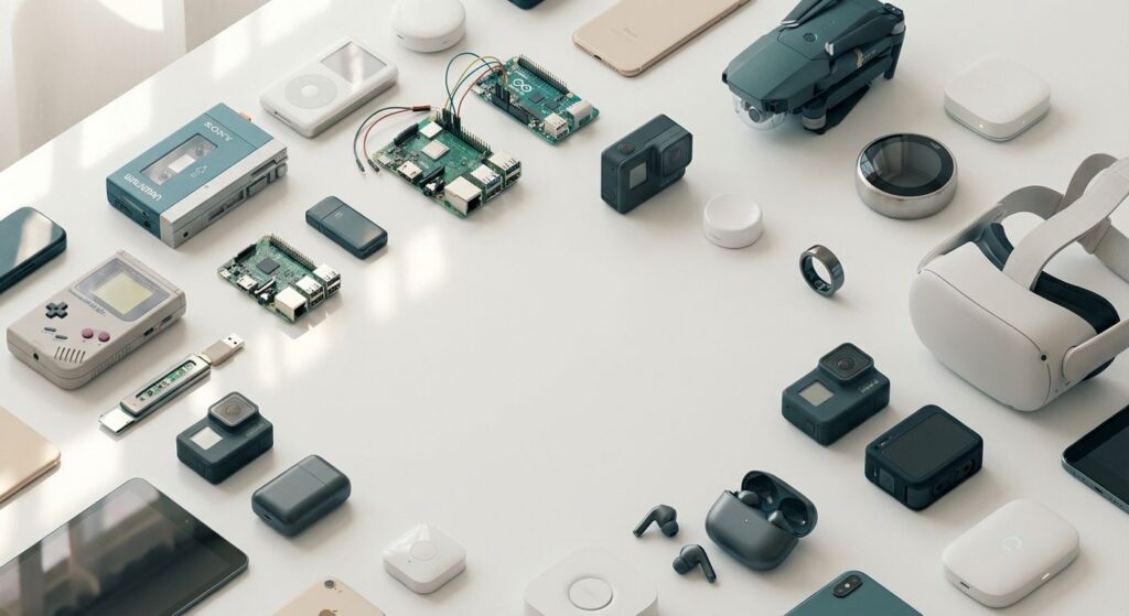 Collage of retro and modern gadgets (Walkman, iPod, Game Boy, Raspberry Pi, GoPro, drone, VR headset, smart home devices) arranged on a clean background representing creative tech innovations.