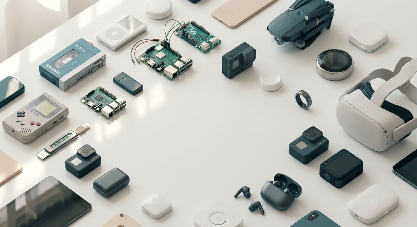 Collage of retro and modern gadgets (Walkman, iPod, Game Boy, Raspberry Pi, GoPro, drone, VR headset, smart home devices) arranged on a clean background representing creative tech innovations.
