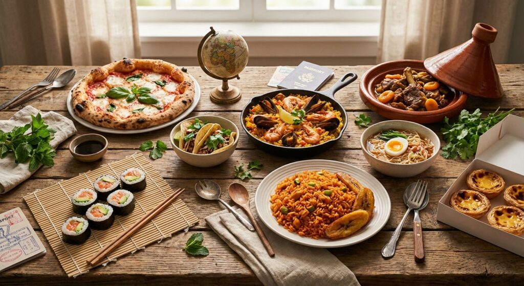 Collage of iconic typical foods from around the world, including pizza, sushi, tacos, paella and biryani on a rustic table.