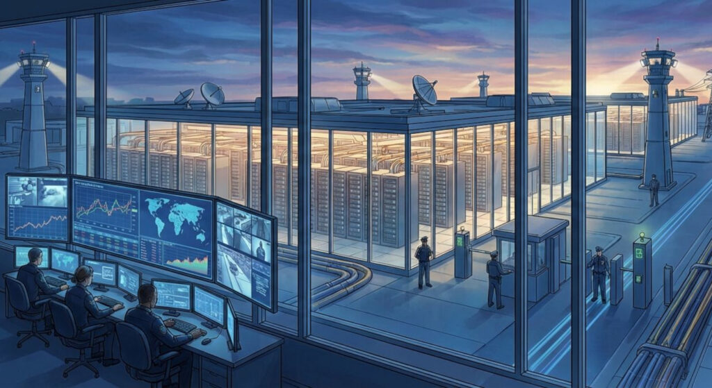 Exterior and control room view of a large, secure banking data center campus illustrating scale, redundancy and high-security infrastructure.