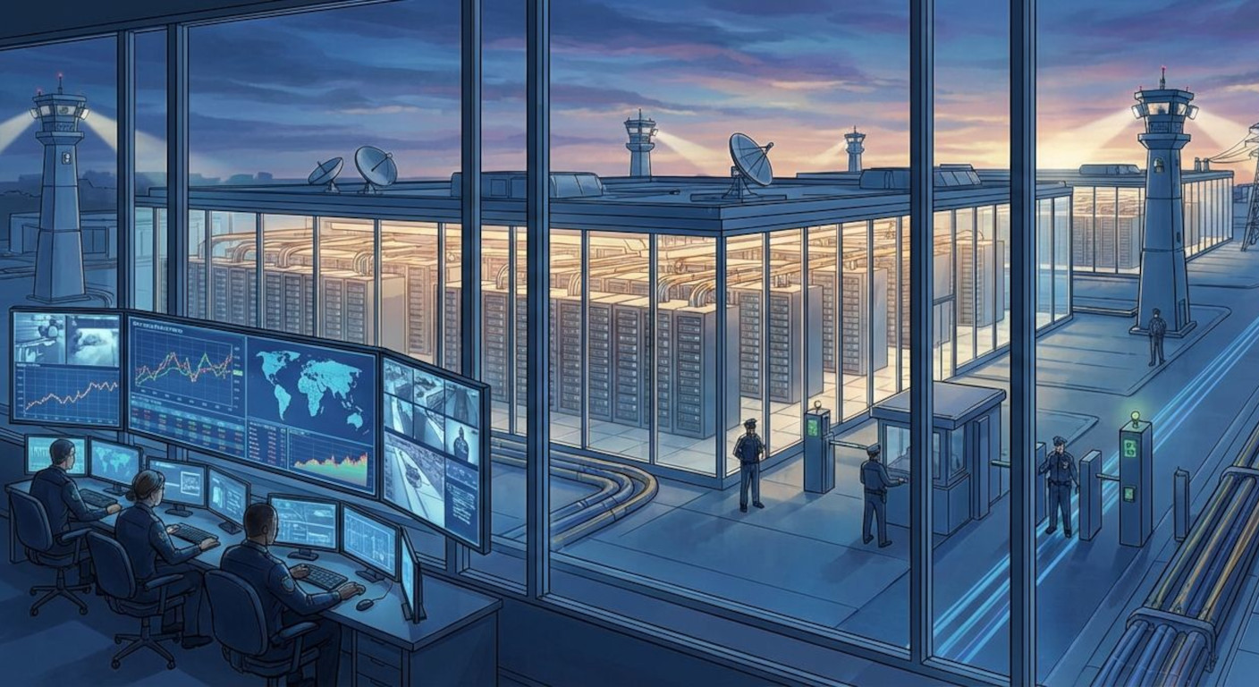 Exterior and control room view of a large, secure banking data center campus illustrating scale, redundancy and high-security infrastructure.