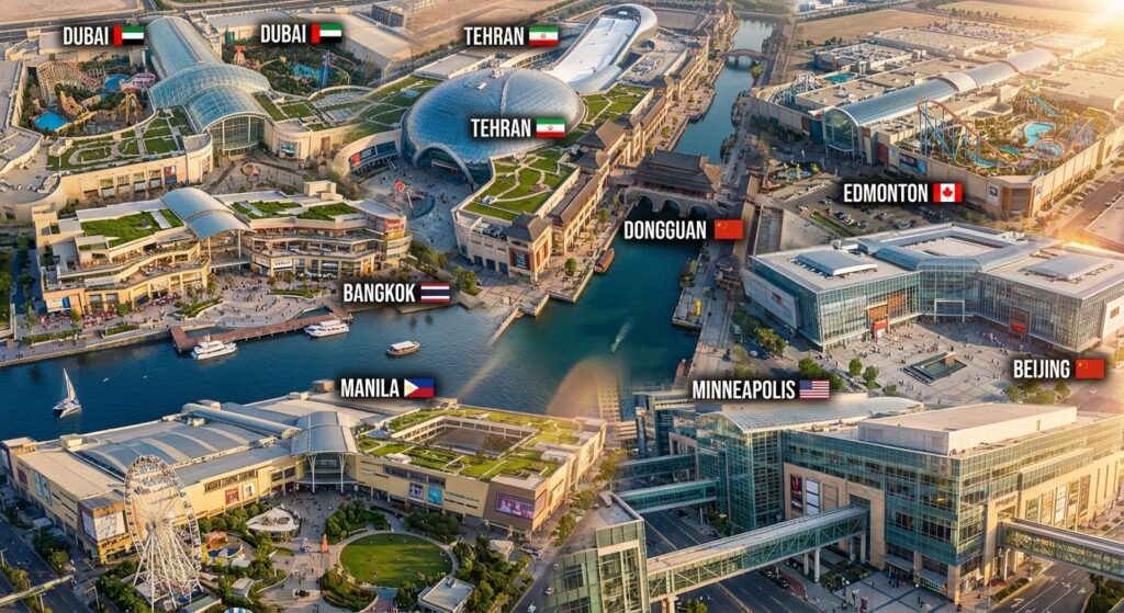 Aerial collage of the world’s largest shopping centers showing glass atriums, indoor attractions and expansive plazas representing Tehran, Dubai, Manila and other major cities.