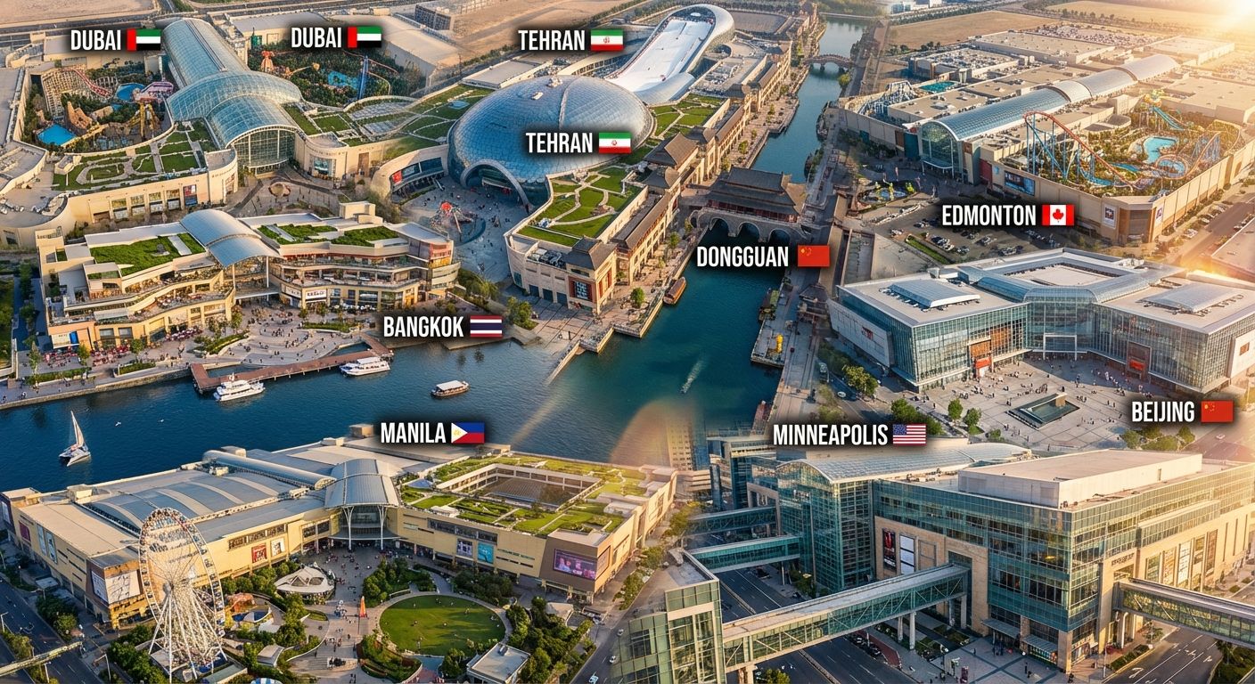 Aerial collage of the world’s largest shopping centers showing glass atriums, indoor attractions and expansive plazas representing Tehran, Dubai, Manila and other major cities.