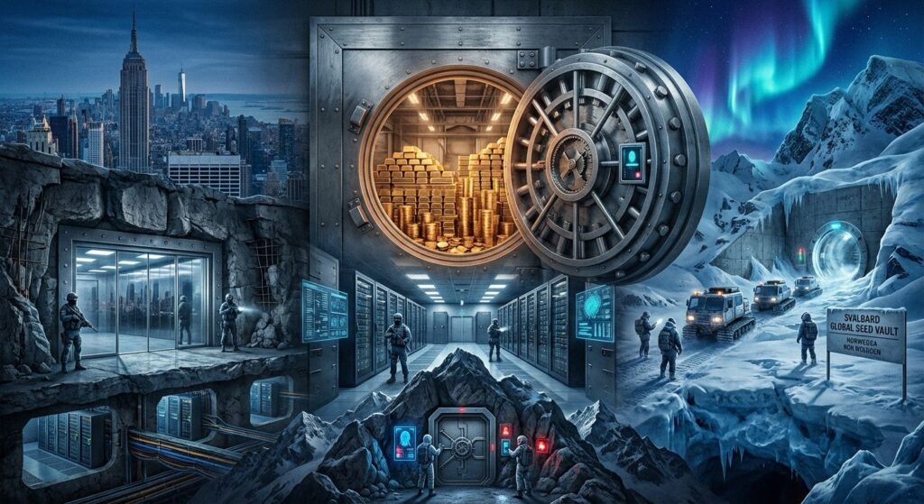 Montage of highly secure vaults: a heavy steel vault door and gold bars, an underground city vault, an arctic seed vault entrance, and a Swiss mountain vault with biometric access panels.