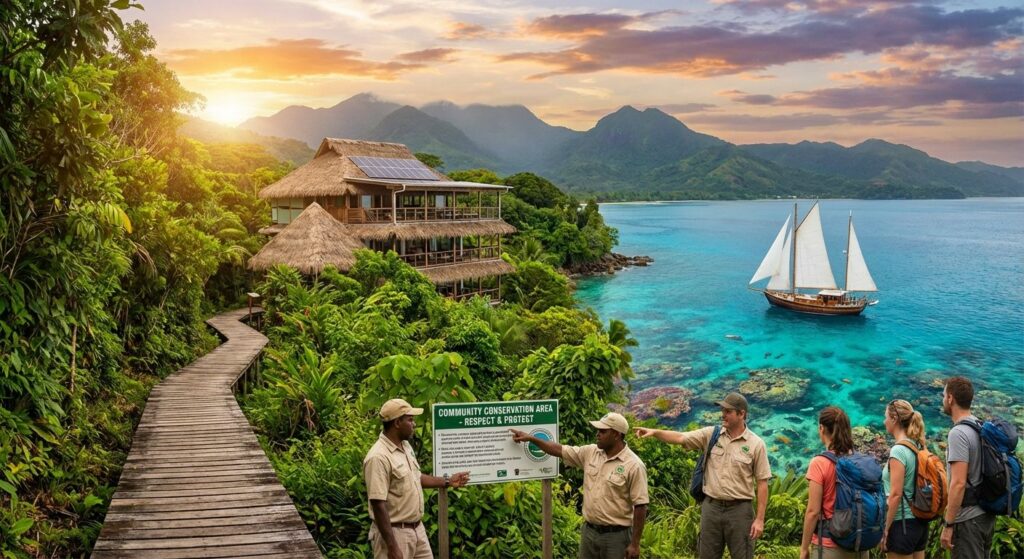 Trail through a tropical rainforest leading to an eco-lodge near the coast, hikers and local guides observing conservation signage and marine life offshore.