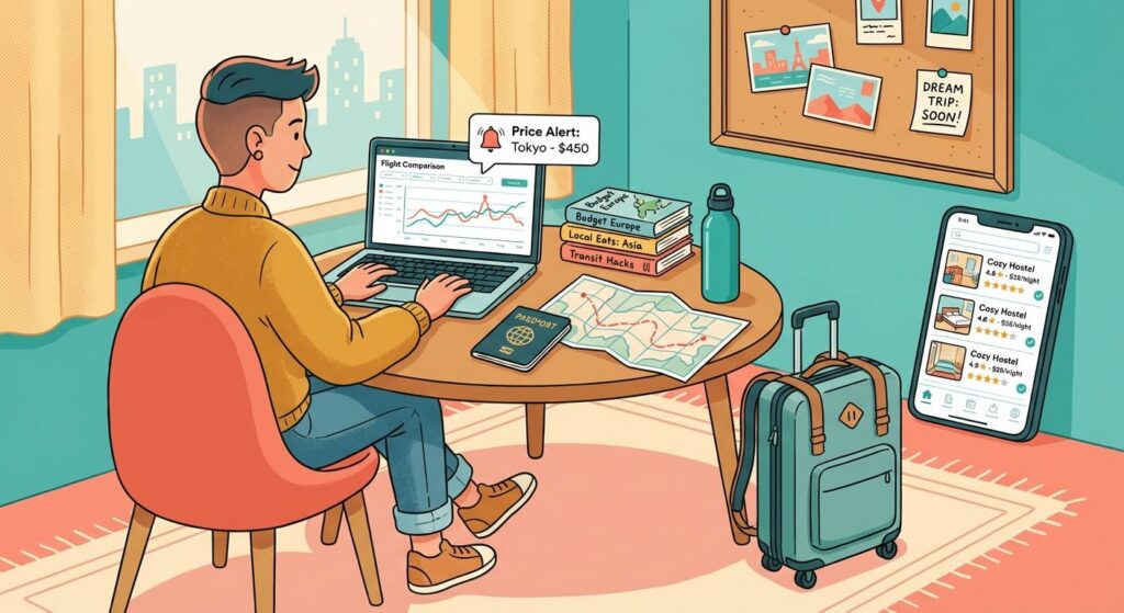 Traveler comparing flight and accommodation prices on a laptop and phone, surrounded by budget travel items.