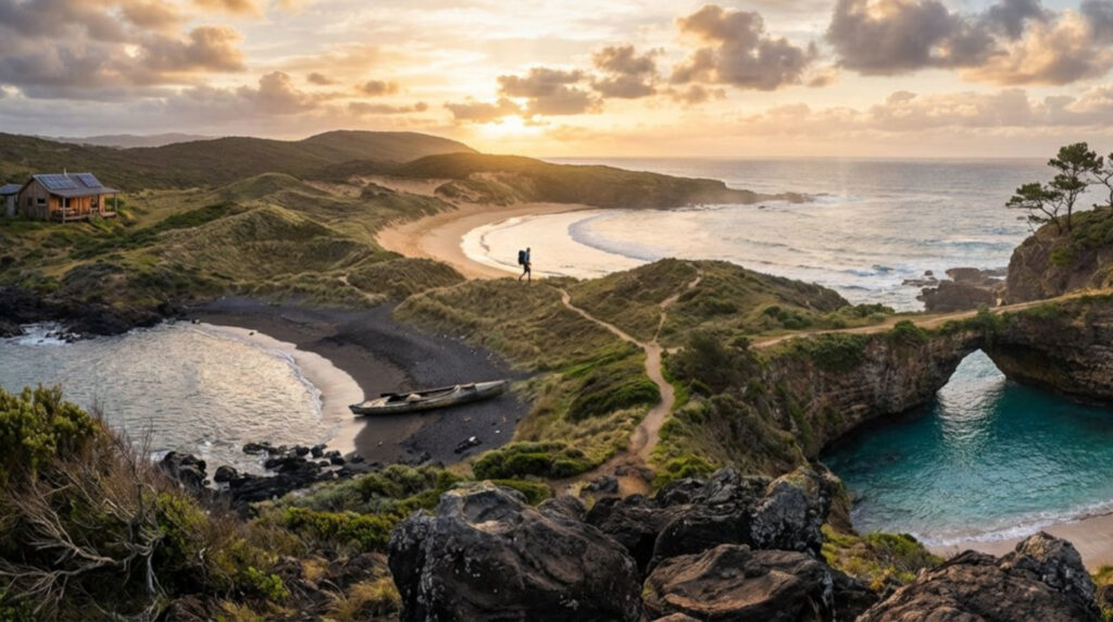 Panoramic collage of secluded beaches and hidden coves showing dunes, a crater beach, volcanic black sand coves, and a tropical lagoon—evoking solitude and untouched coastal beauty.