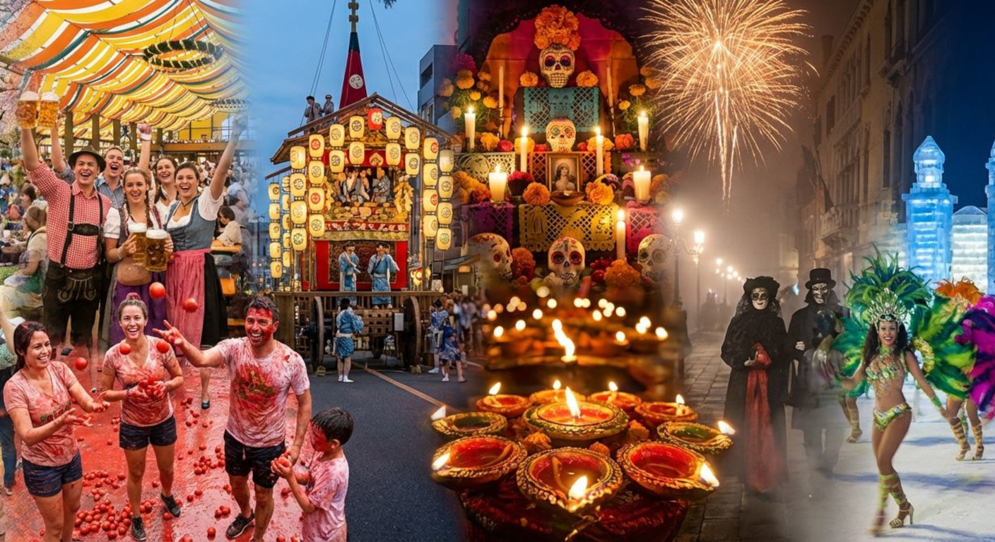 Panoramic collage of global cultural festivals: Rio Carnival samba dancers, Diwali lamps and fireworks, Día de los Muertos marigold altar, Harbin ice sculptures, La Tomatina tomato celebration, Venice masked figures, cherry blossoms hanami picnic, Oktoberfest beer tents, Edinburgh Fringe performers, and Kyoto’s Gion Matsuri floats.