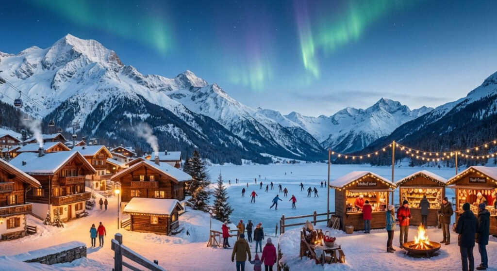 Snow-covered alpine village with chalets, skiers on mountain slopes, and faint Northern Lights in the sky, evoking winter travel and seasonal activities.