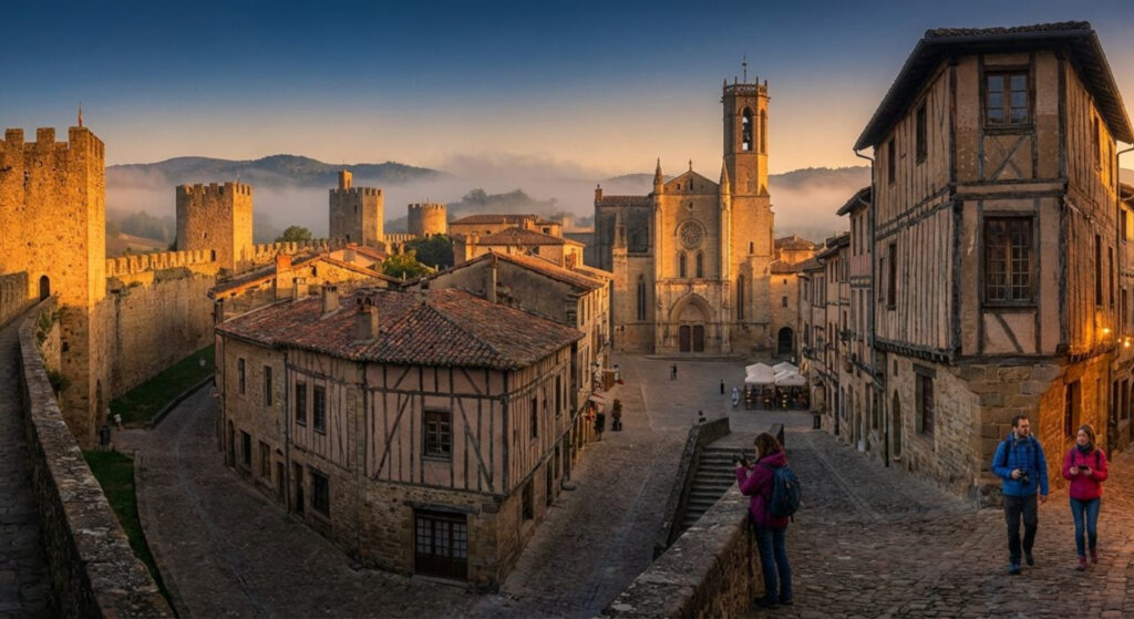 Panoramic view of a well-preserved medieval city with stone walls, towers, cobblestone streets and travelers at golden hour