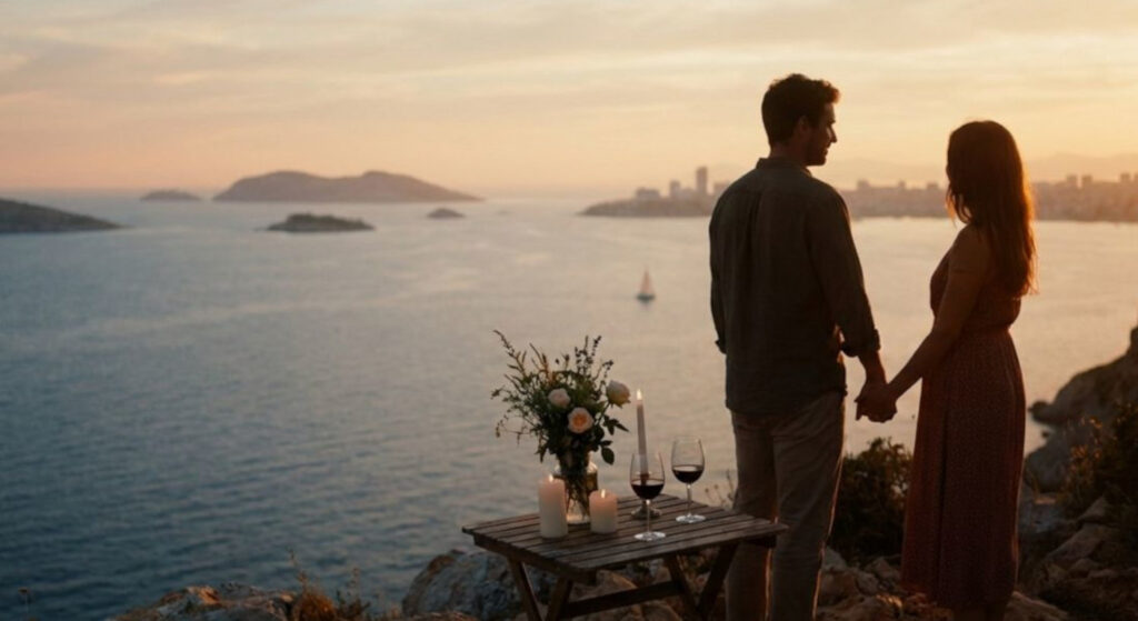 Silhouetted couple holding hands at sunset on a cliff overlooking the sea, with a candlelit table for two and a sailboat on the horizon.