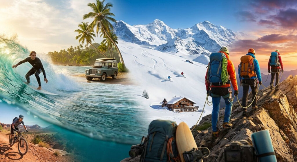 Composite image of surf, skiing, and mountaineering scenes blended to represent sports travel and adventure.