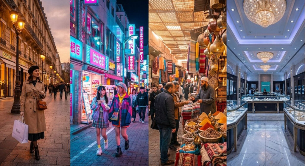 Panoramic collage showing luxury boutiques, neon city shopping streets, a colorful Moroccan souk and an opulent mall representing global shopping tourism.