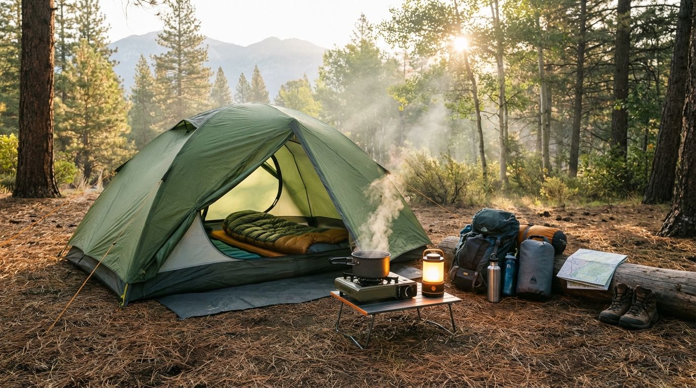 Cozy beginner campsite at golden hour with a pitched tent, camp stove, lantern, backpacks, and hiking boots, surrounded by trees and soft sunlight.
