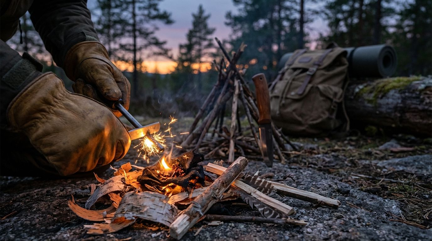 Hands striking a ferro rod to create sparks into a tinder bundle at a dusk campsite, with kindling and a teepee structure in the background.