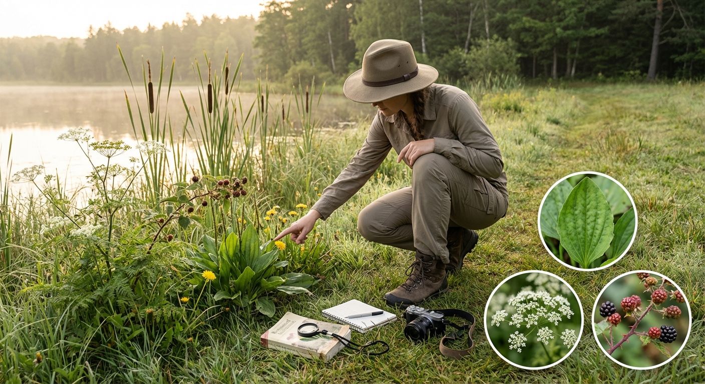 Camper kneeling in a meadow examining edible and poisonous plants, with close-up insets of leaves and flowers for identification.
