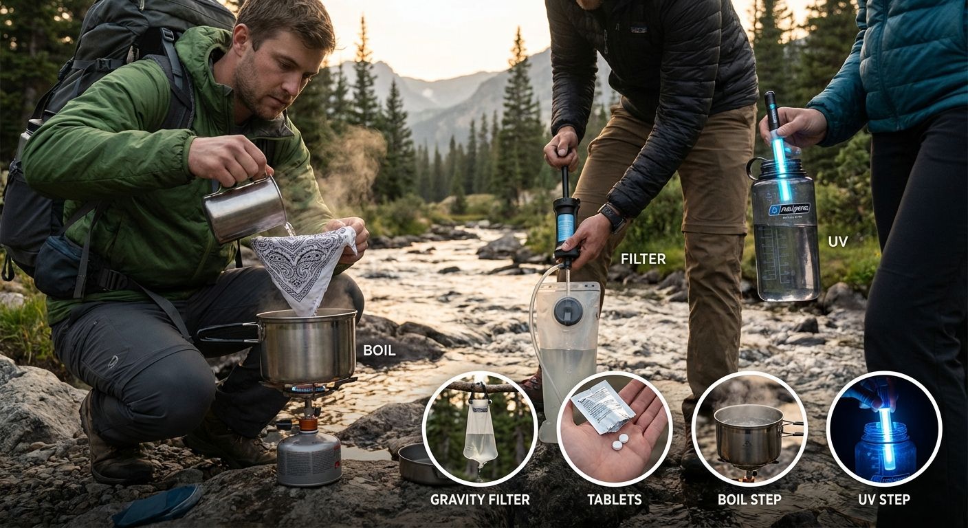 Backpackers purifying water in nature using boiling, pump filter, and UV pen with insets of gravity filter and purification tablets.