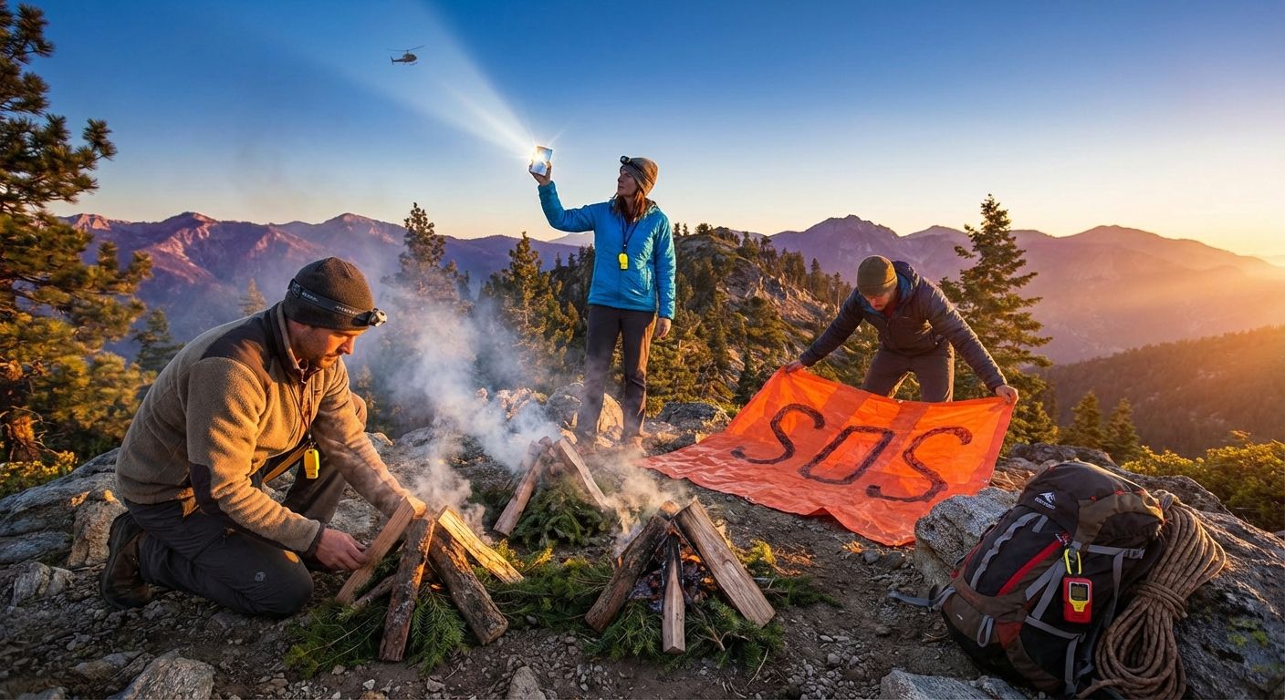Hikers signaling for help in the wilderness with triangular fires, a signal mirror and an orange tarp spelling SOS; PLB and whistle visible on backpack.