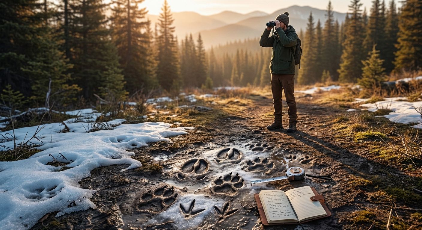 Close-up of mixed animal tracks (deer, canid, bird) on muddy trail with ruler and field notebook, hiker observing in forest background.