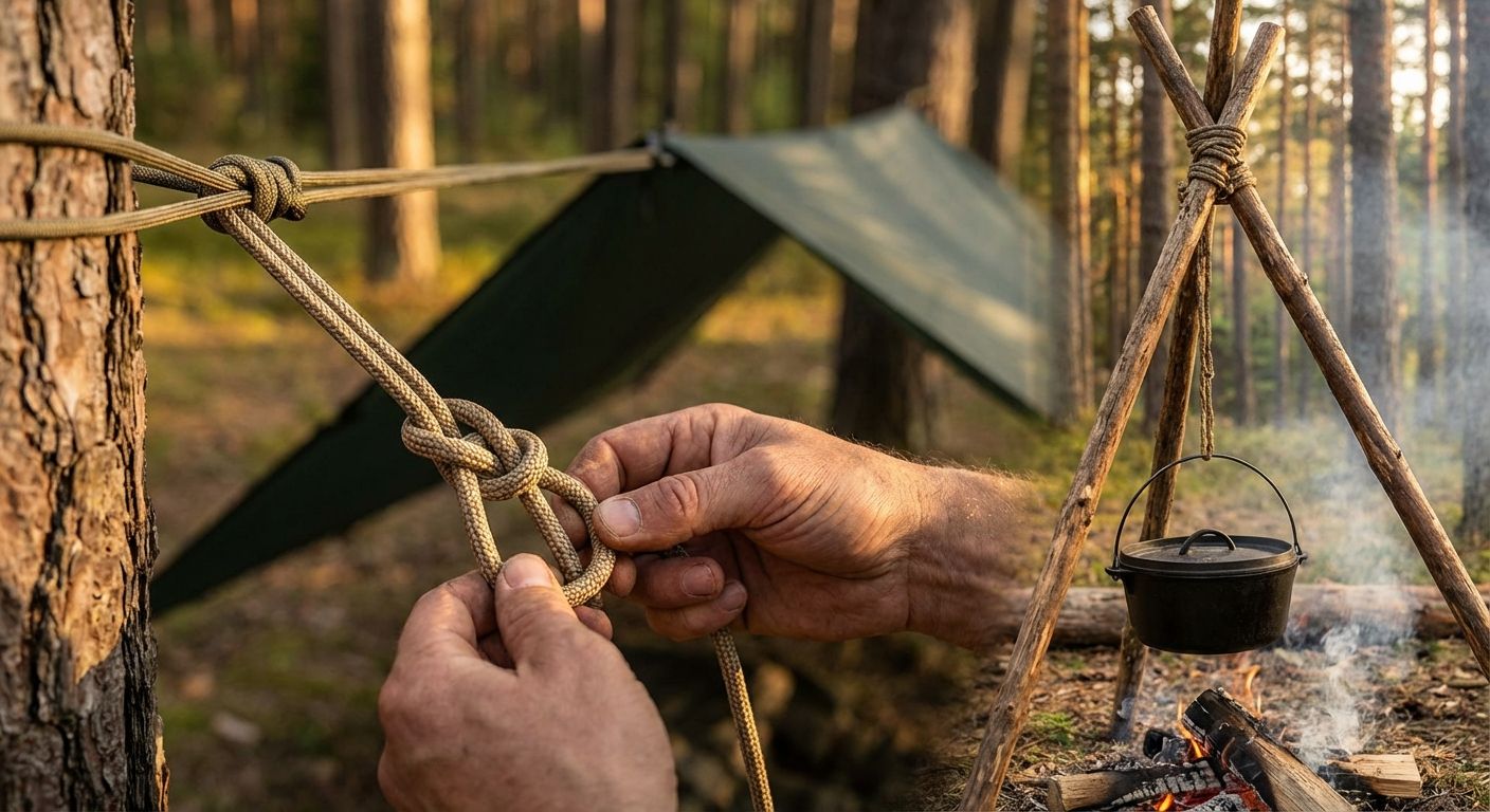Hands tying a bowline on a ridgeline while a tarp shelter and lashed tripod stand in a pine forest at dusk.
