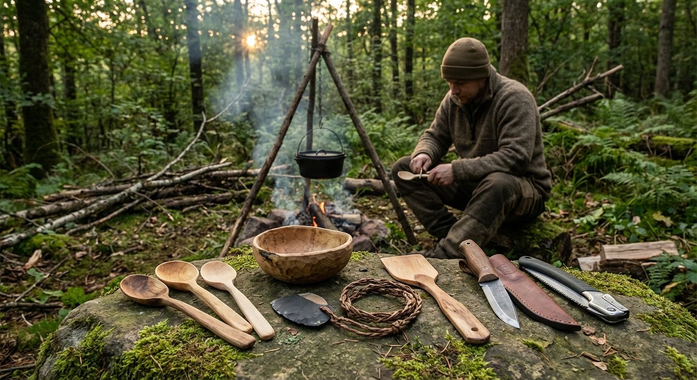 Bushcraft scene showing handmade wooden spoons, a carved bowl, stone scraper and person carving a spoon in a forest setting