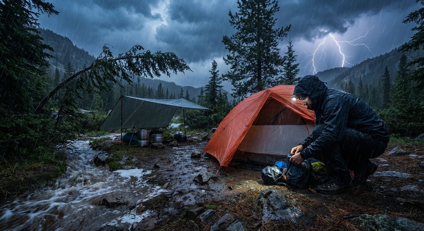 Campsite in a mountainous area during a heavy storm with a secured tent, a camper in rain gear under a headlamp, and rain-soaked terrain with distant lightning.