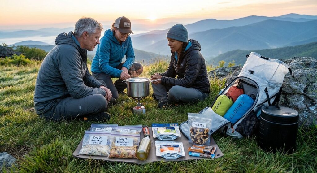 Backpackers at dawn preparing dehydrated meals and organized food pouches beside a lightweight backpack and bear canister, showcasing food planning for extended camping trips.
