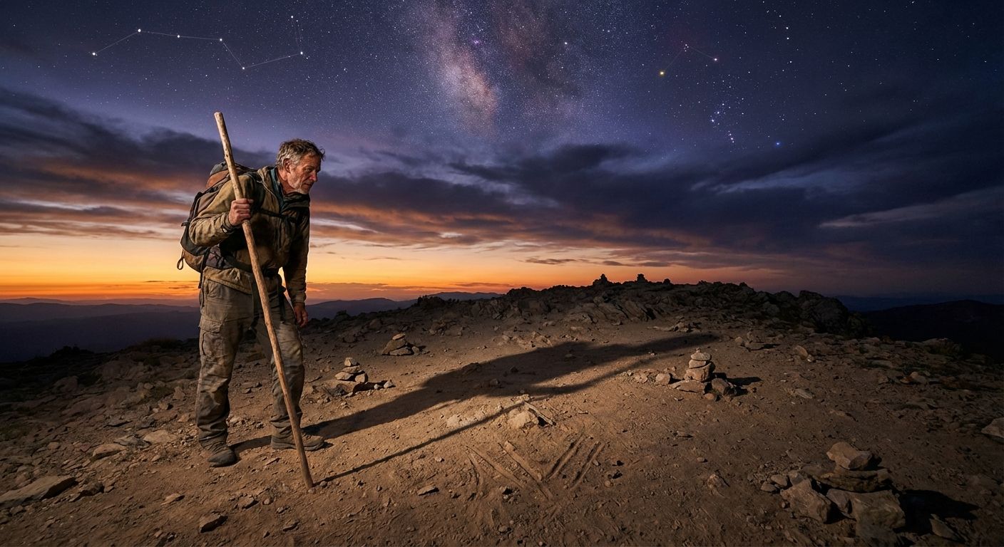 Adventurer demonstrating the shadow-stick method at dusk with the Milky Way and constellations visible overhead.