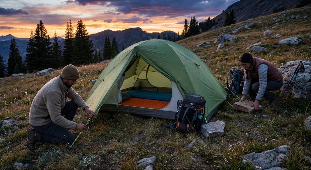 Two-person tent pitched on a gentle alpine slope at dusk; camper adjusts guy lines while another places rocks as anchors; backpacks and trekking poles nearby.