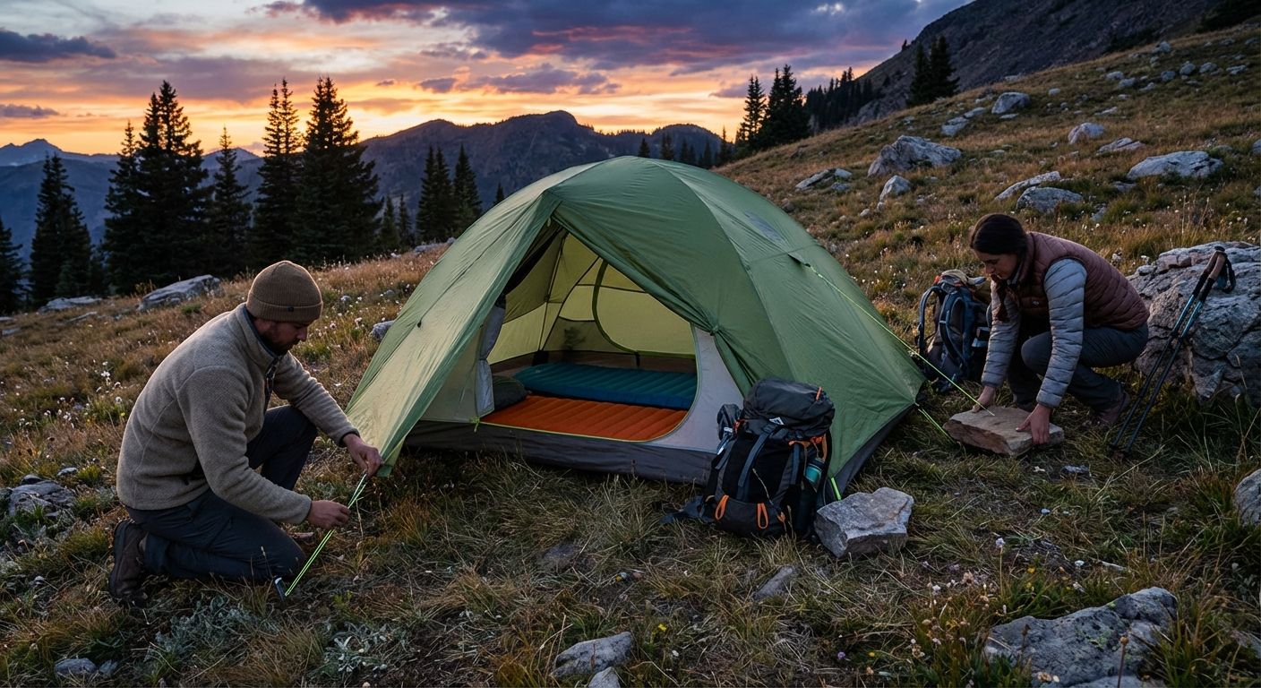 Two-person tent pitched on a gentle alpine slope at dusk; camper adjusts guy lines while another places rocks as anchors; backpacks and trekking poles nearby.