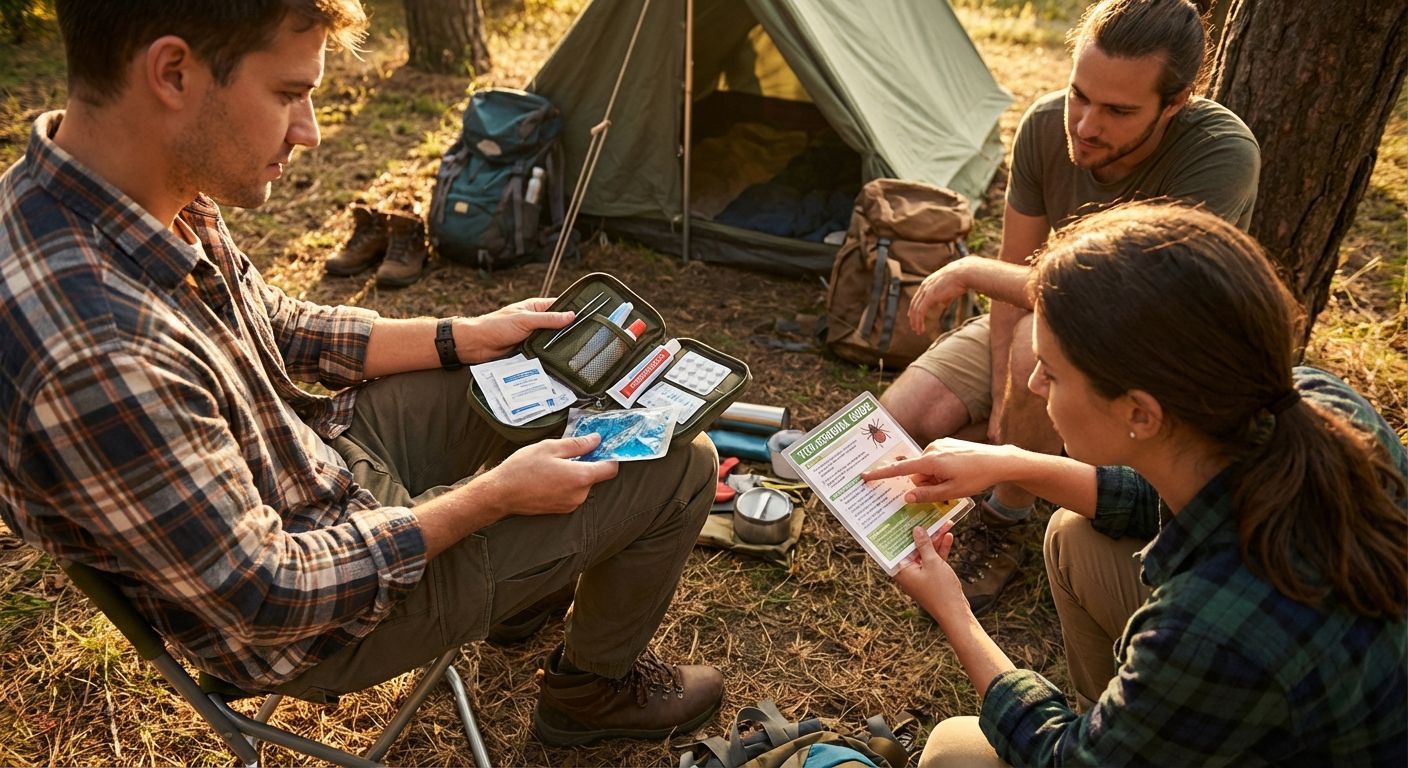 Campers at a campsite using a first-aid kit to treat an insect bite; tweezers, antiseptic wipes and antihistamine are visible.