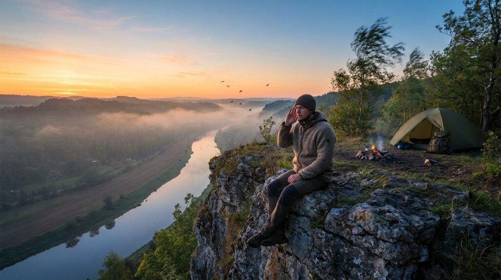Camper sitting on a rock at dawn listening to the forest valley, with birds in flight and a distant river, representing interpreting sounds of nature for safety.
