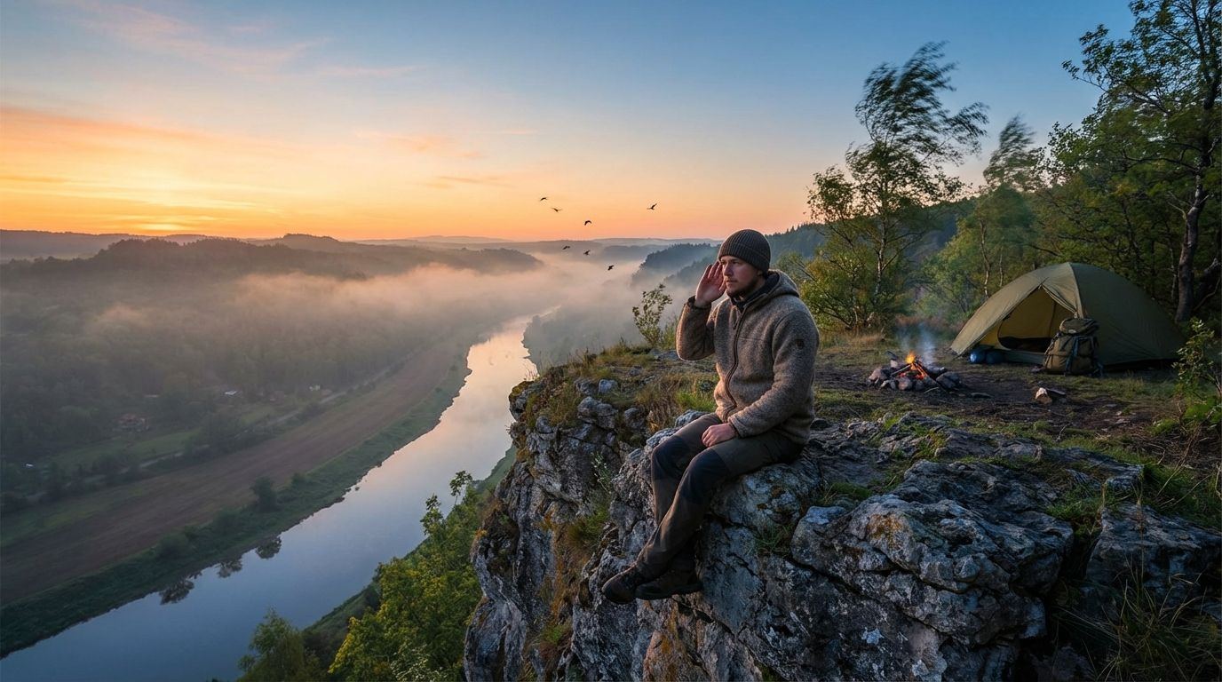 Camper sitting on a rock at dawn listening to the forest valley, with birds in flight and a distant river, representing interpreting sounds of nature for safety.