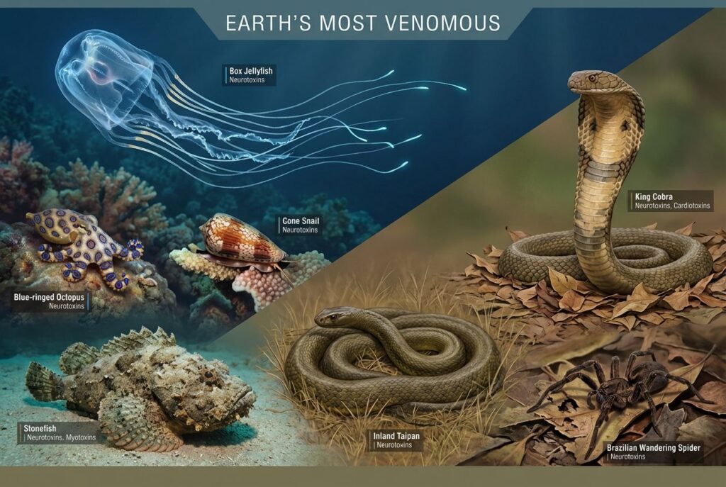 Composite illustration of venomous animals including box jellyfish, taipan snake, blue-ringed octopus, cone snail, stonefish, king cobra and wandering spider, depicted in a realistic scientific style.