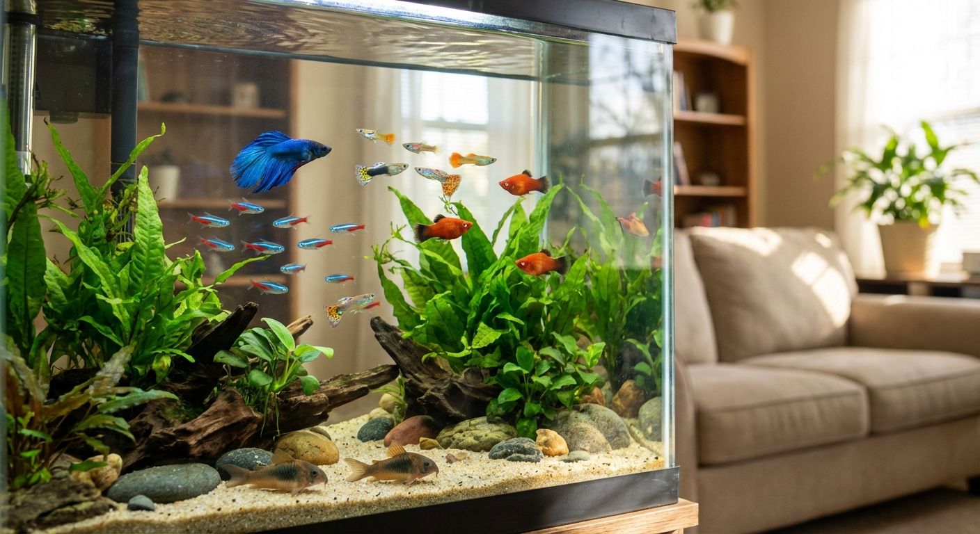 A vibrant home freshwater aquarium with guppies, neon tetras and a betta among lush plants, showing a calm and inviting setup for beginner fish species.
