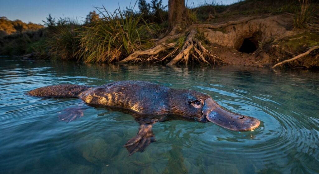 Adult platypus swimming in a clear stream near a vegetated bank at dusk, showing its duck‑bill, webbed feet and broad tail.