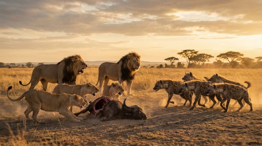 A tense standoff between a pride of lions and a clan of hyenas around a carcass on the African savannah at golden hour, showing aggressive postures and dramatic lighting.