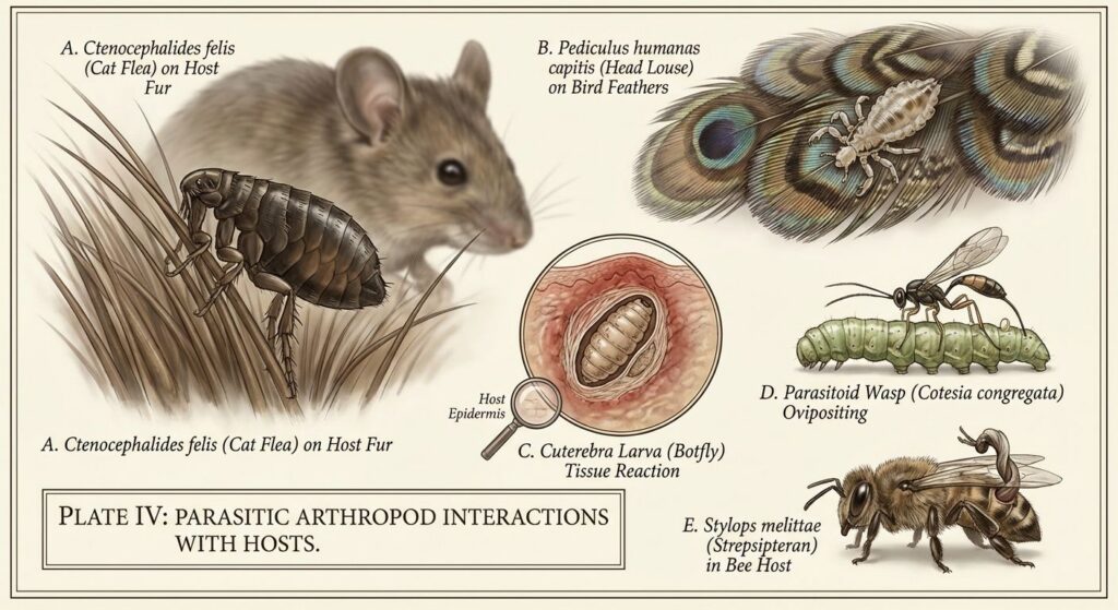 Scientific illustration collage of parasitic insects: flea on a mammal, louse on a bird, botfly larva in tissue, parasitoid wasp ovipositing in a caterpillar, and a strepsipteran in a bee.