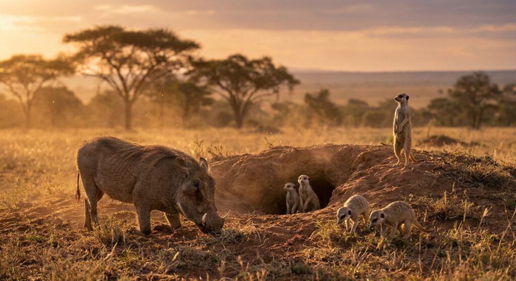 Realistic scene of a warthog near a burrow with meerkats (suricatas) standing alert nearby on an African savanna at golden hour.