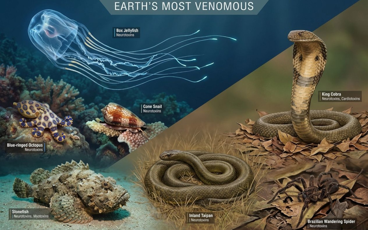 Composite illustration of venomous animals including box jellyfish, taipan snake, blue-ringed octopus, cone snail, stonefish, king cobra and wandering spider, depicted in a realistic scientific style.