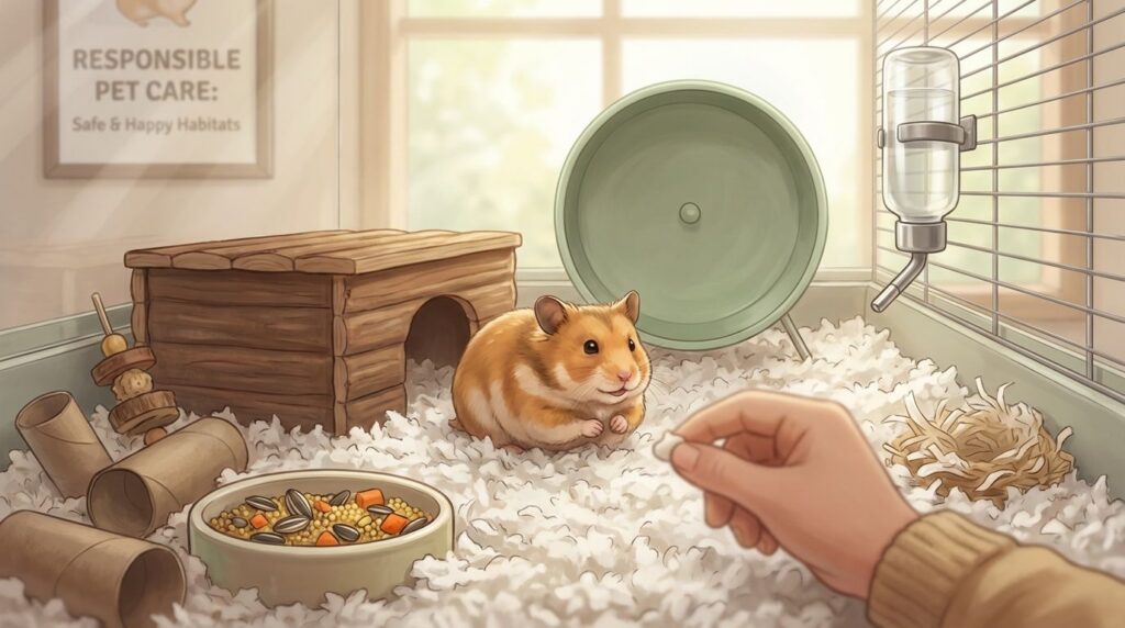 A contented Syrian hamster in a cozy, well-equipped habitat with bedding, hideout, wheel and toys, a child offering a supervised treat.