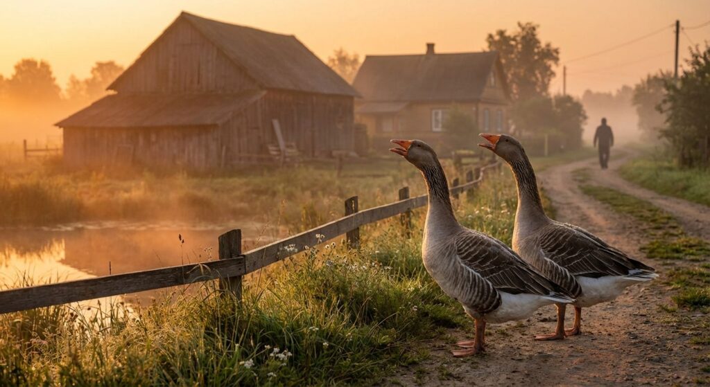 Two alert geese on a farm entrance honking and watching an approaching figure, early morning scene with farmhouse and pond in background