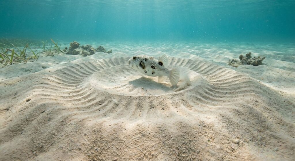 White-spotted pufferfish crafting a large concentric sand circle on the seabed, with visible radial ridges and a central nest depression.